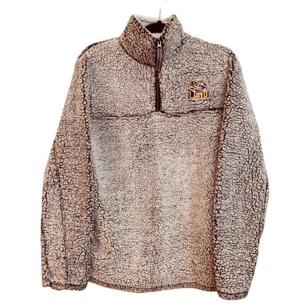 THREE SQUARE 1/4 zip Faux Fur Teddy Bear Fleece LSU Embroidered Pockets Sz Small